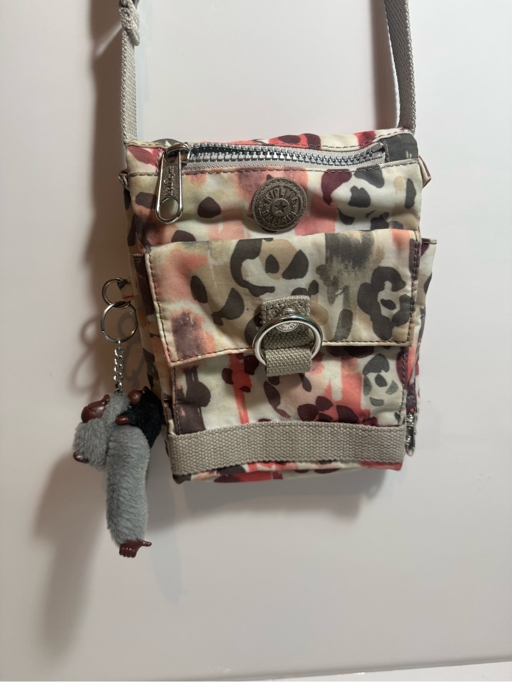 Kipling Leopard Color Print Crossbody Bag With Backpacking Monkey Charm